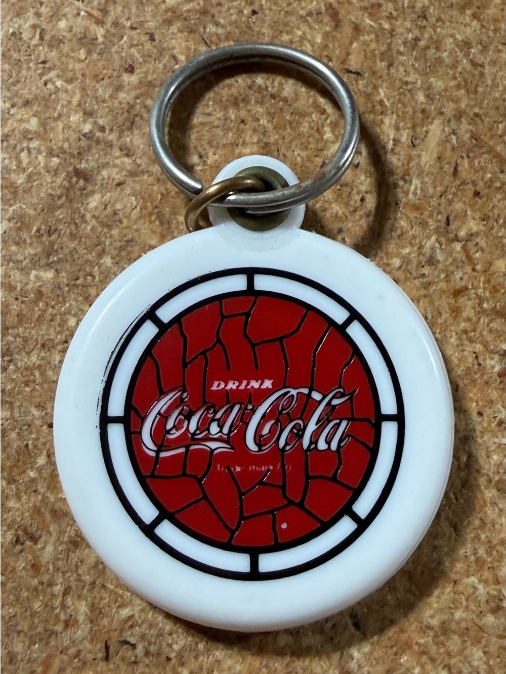 Vintage Coca-Cola Stained Glass Coke Logo Keychain Plastic Round Red